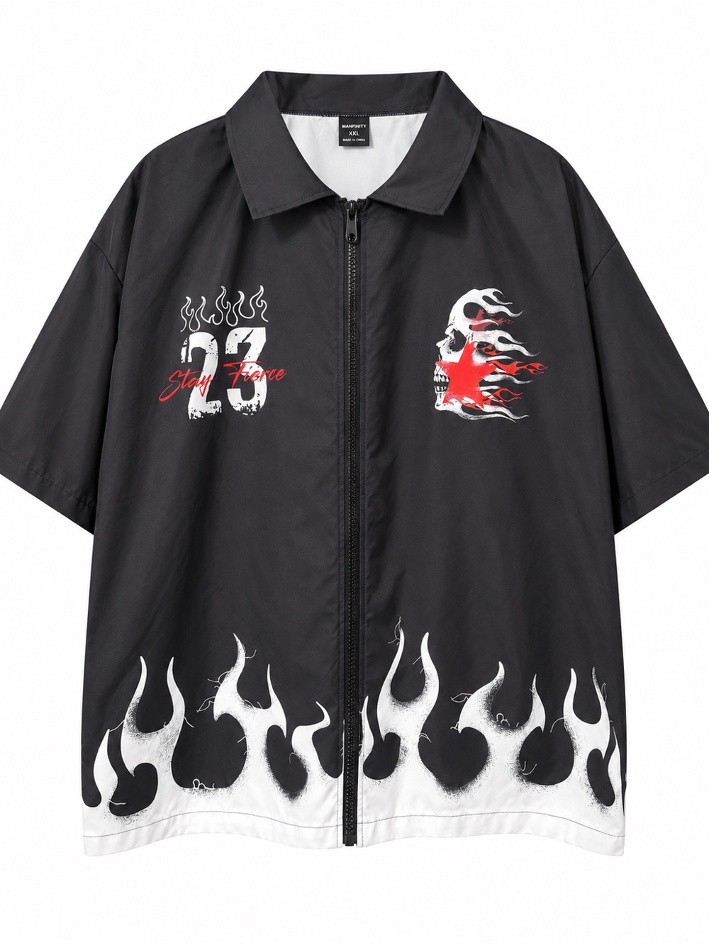 Men's Black Short-Sleeve Zip Shirt Jacket with Flame & Skull Graphic
